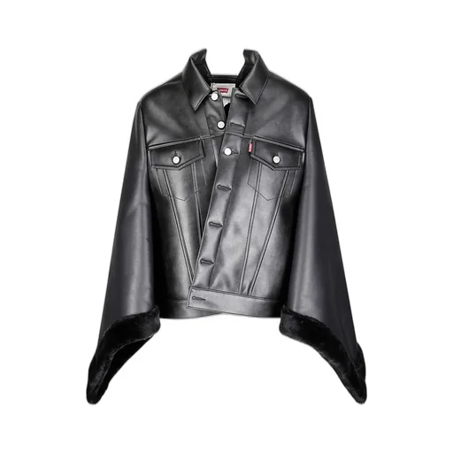Faux Leather Cape Jacket With Fur Trim