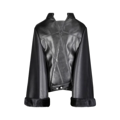 Faux Leather Cape Jacket With Fur Trim