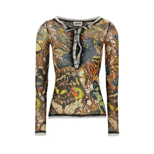 Long-Sleeved Mesh Top With Butterfly Print And Lace-Up Detail