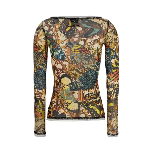 Long-Sleeved Mesh Top With Butterfly Print And Lace-Up Detail