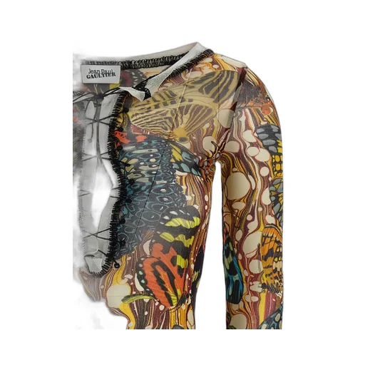 Long-Sleeved Mesh Top With Butterfly Print And Lace-Up Detail