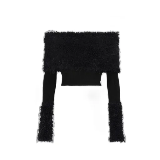 Off-The-Shoulder Cropped Sweater With Feather Trim
