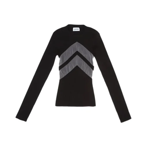 Long-Sleeved Knit Top With Sheer Chevron Panel