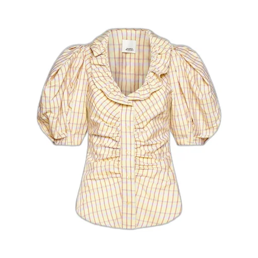 Puff-Sleeve Ruffled Plaid Shirt
