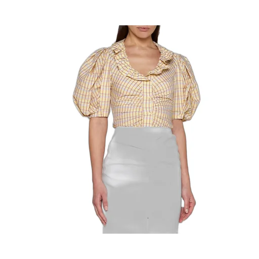 Puff-Sleeve Ruffled Plaid Shirt
