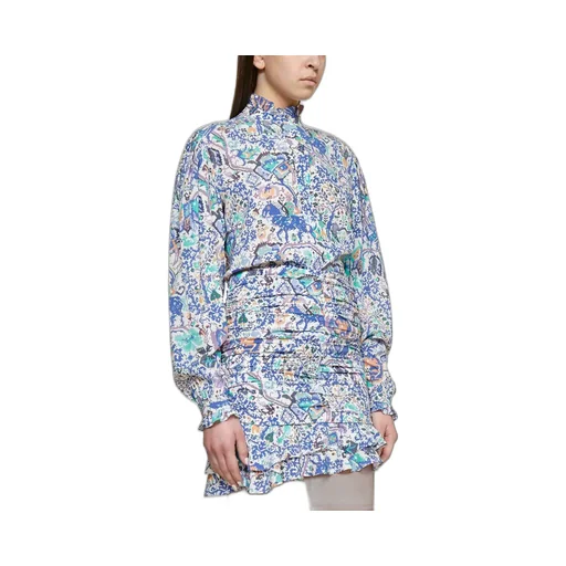 Printed Ruffled High-Neck Blouse