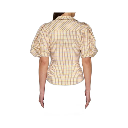 Puff-Sleeve Ruffled Plaid Shirt