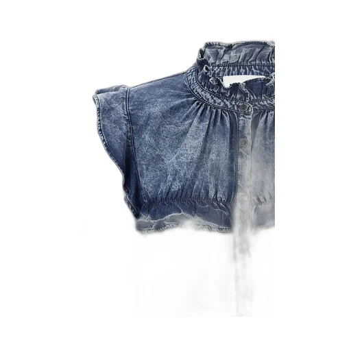 Denim Shirt With Ruffled Collar And Yoke