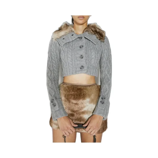 Cropped Cable Knit Cardigan With Faux Fur Trim