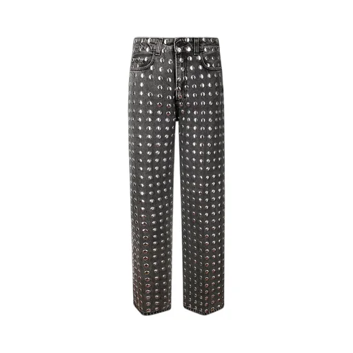 High-Waisted Straight-Leg Jeans With All-Over Eyelet Detailing