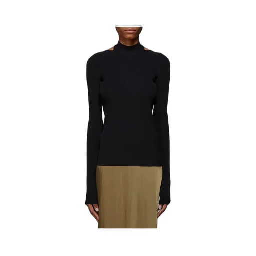 Ribbed Turtleneck Sweater With Cut-Out Shoulders