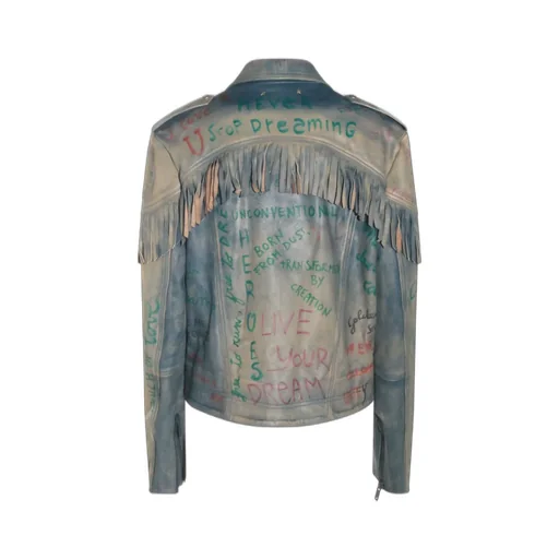 Leather Biker Jacket With Fringes And Graffiti Print