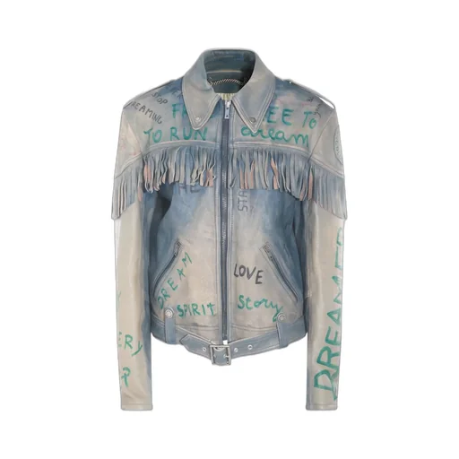 Leather Biker Jacket With Fringes And Graffiti Print