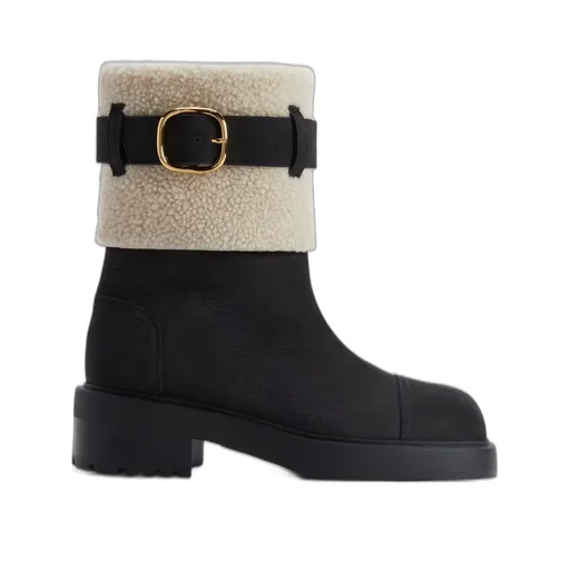 Shearling-Trimmed Leather Boots