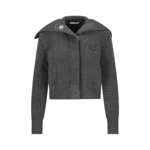 Ribbed Knit Cardigan With Oversized Collar