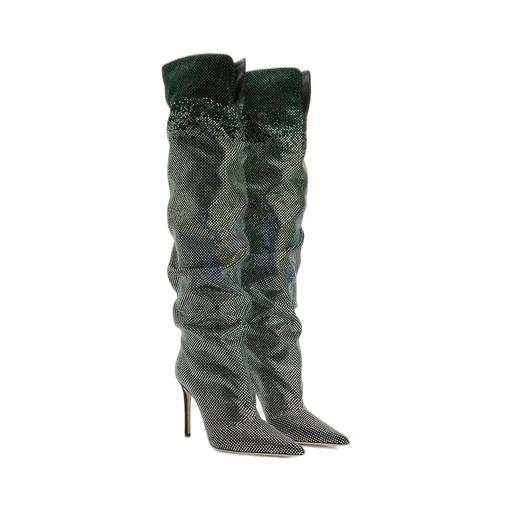 Ruched Crystal Knee-High Boots