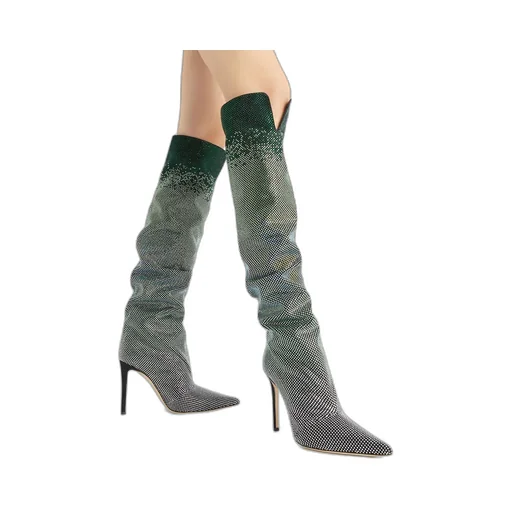 Ruched Crystal Knee-High Boots