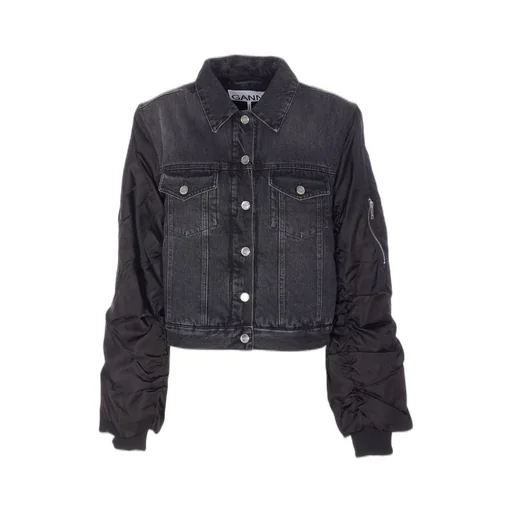 Denim Bomber Jacket With Ruched Sleeves