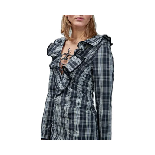 Plaid Ruffle Lace-Up Mini Dress