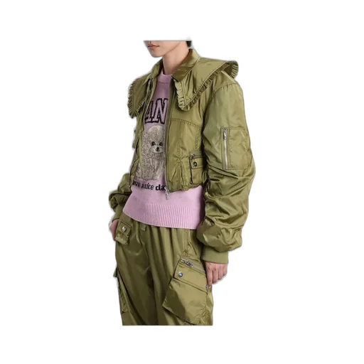 Cropped Bomber Jacket With Ruffled Collar