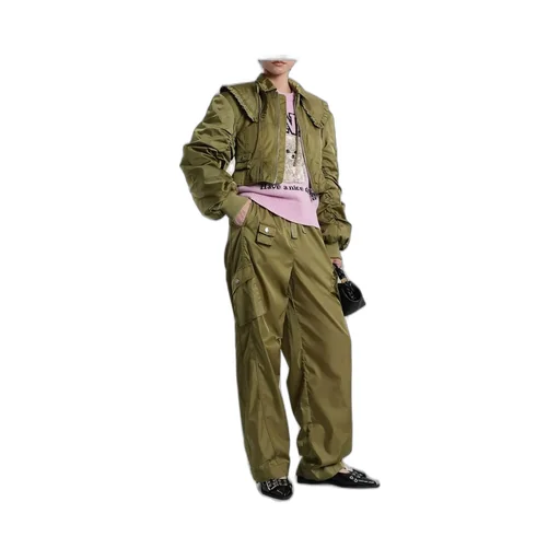 Cropped Bomber Jacket With Ruffled Collar