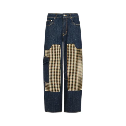 Wide-Leg Jeans With Plaid Inserts