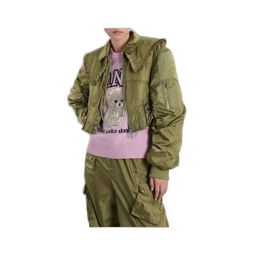 Cropped Bomber Jacket With Ruffled Collar