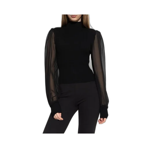 Ribbed Turtleneck Top With Sheer Sleeves