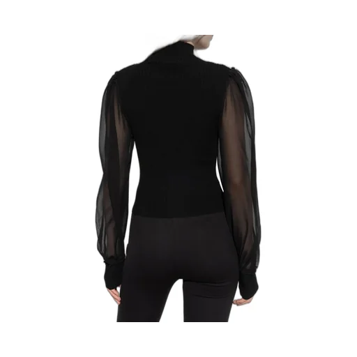 Ribbed Turtleneck Top With Sheer Sleeves