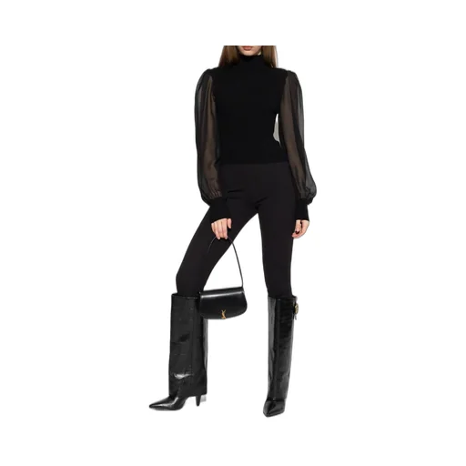 Ribbed Turtleneck Top With Sheer Sleeves