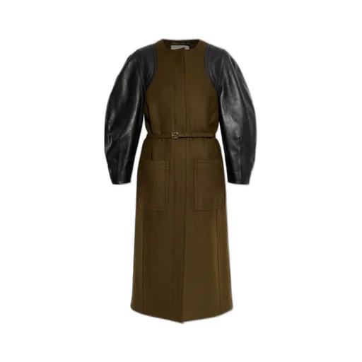 Wool Blend Coat With Faux Leather Sleeves