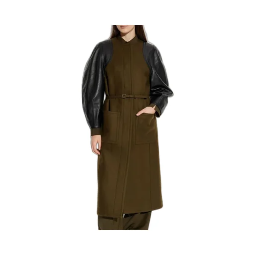 Wool Blend Coat With Faux Leather Sleeves