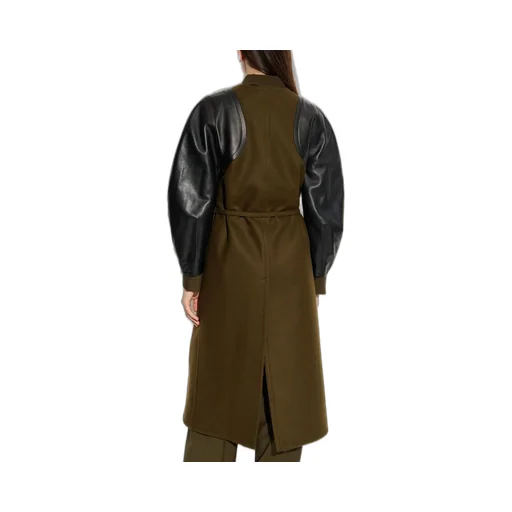 Wool Blend Coat With Faux Leather Sleeves