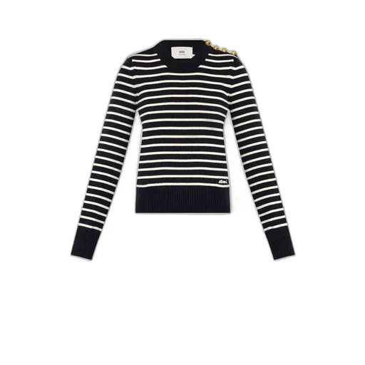 Striped Crewneck Sweater With Button Shoulder