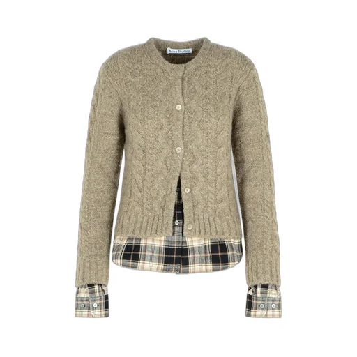 Cable Knit Cardigan With Plaid Shirt Underlayer