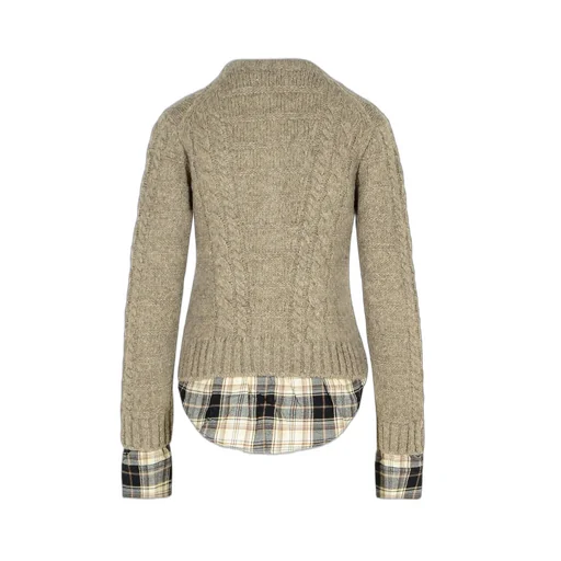 Cable Knit Cardigan With Plaid Shirt Underlayer
