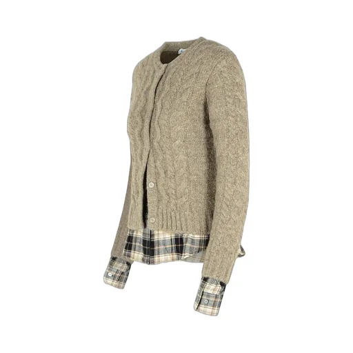 Cable Knit Cardigan With Plaid Shirt Underlayer