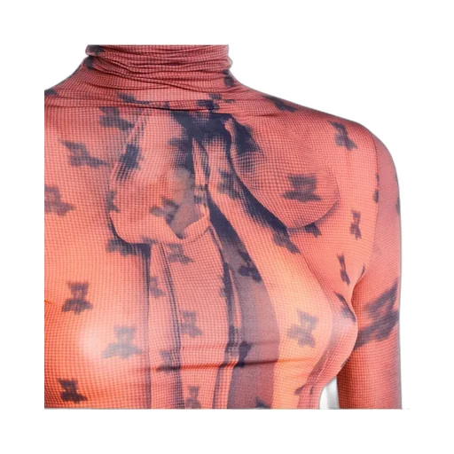 Mesh Turtleneck Top With Bow Detail