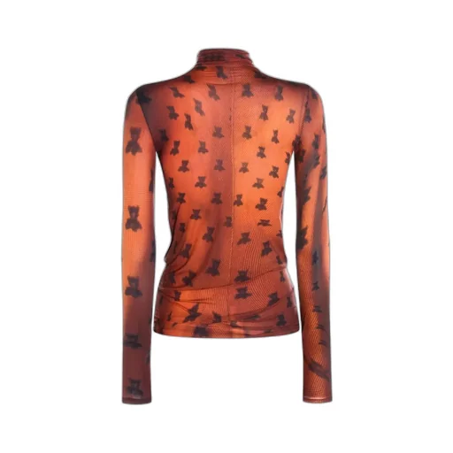 Mesh Turtleneck Top With Bow Detail