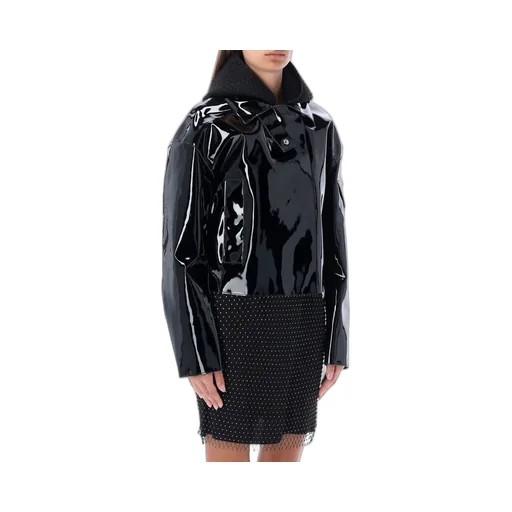 Patent Leather Cropped Jacket With Fur Collar