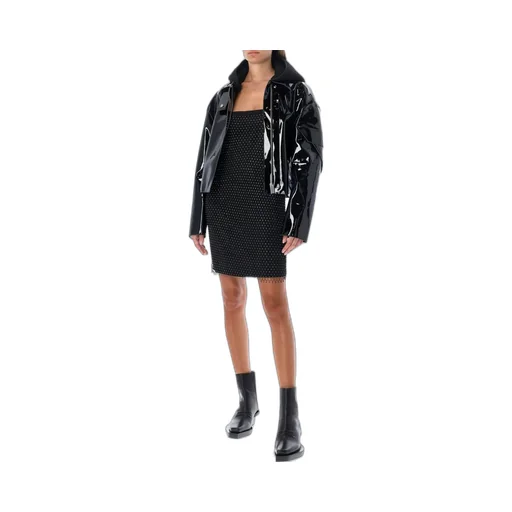 Patent Leather Cropped Jacket With Fur Collar