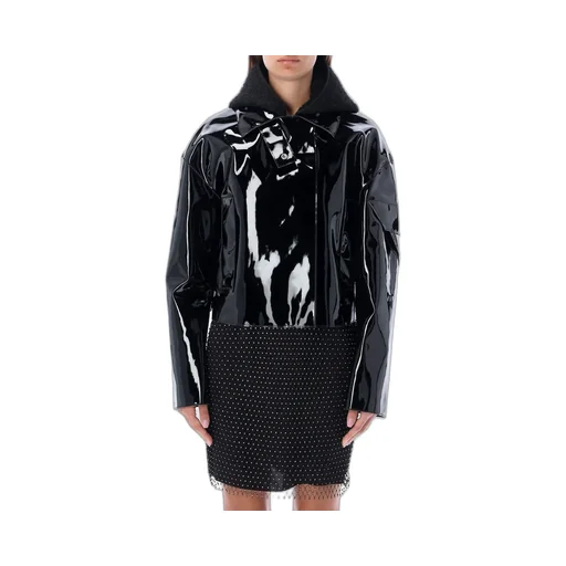 Patent Leather Cropped Jacket With Fur Collar