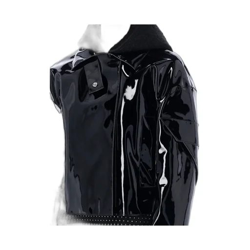 Patent Leather Cropped Jacket With Fur Collar