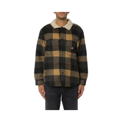 Oversized Plaid Shirt Jacket With Sherpa Collar