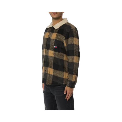 Oversized Plaid Shirt Jacket With Sherpa Collar