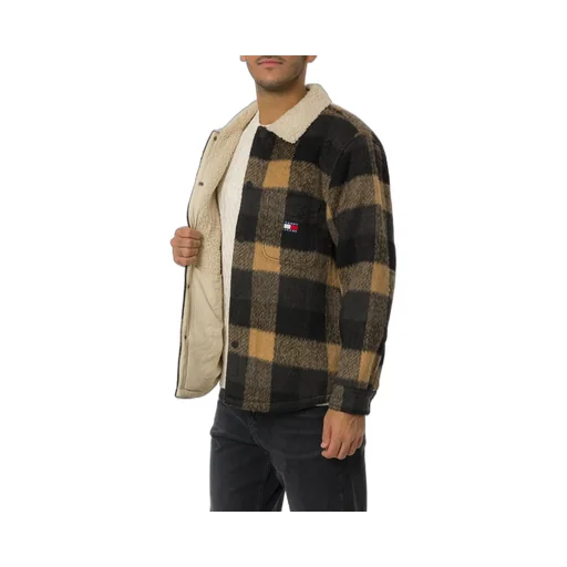 Oversized Plaid Shirt Jacket With Sherpa Collar