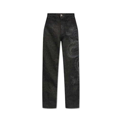 Dragon Embroidered Straight Leg Jeans