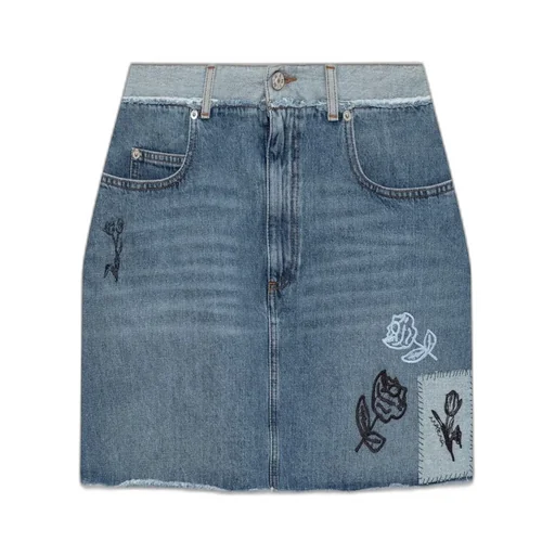 Denim Skirt With Rose Embroidery