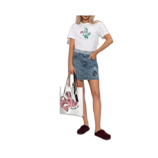 Denim Skirt With Rose Embroidery