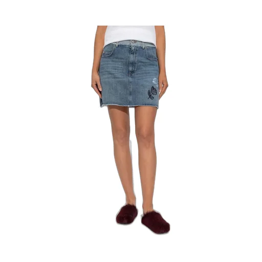 Denim Skirt With Rose Embroidery